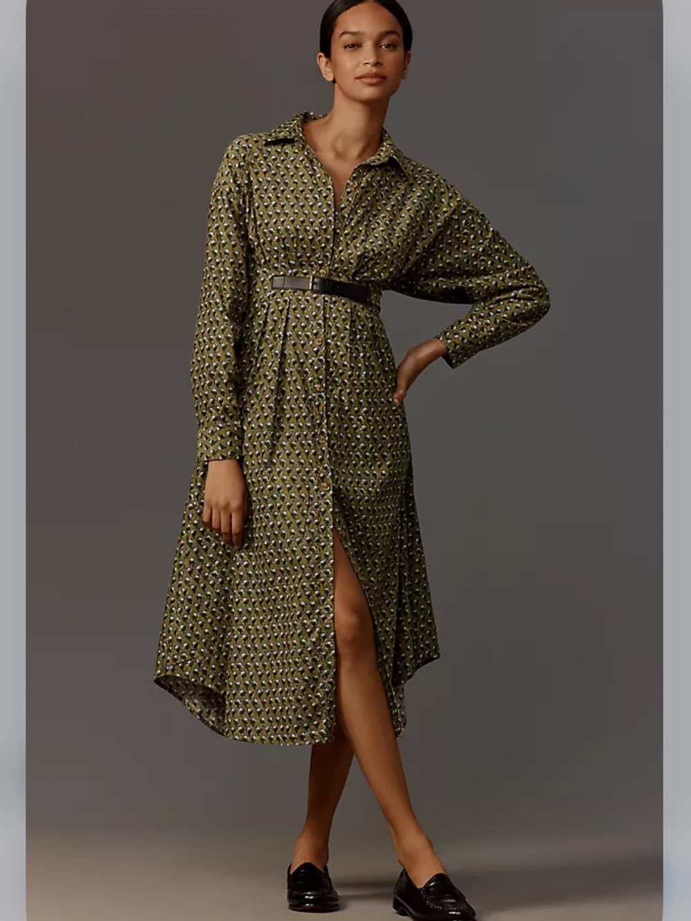 NWOT Anthropologie Olive Green Printed Long-Sleeve Corduroy Shirt Dress